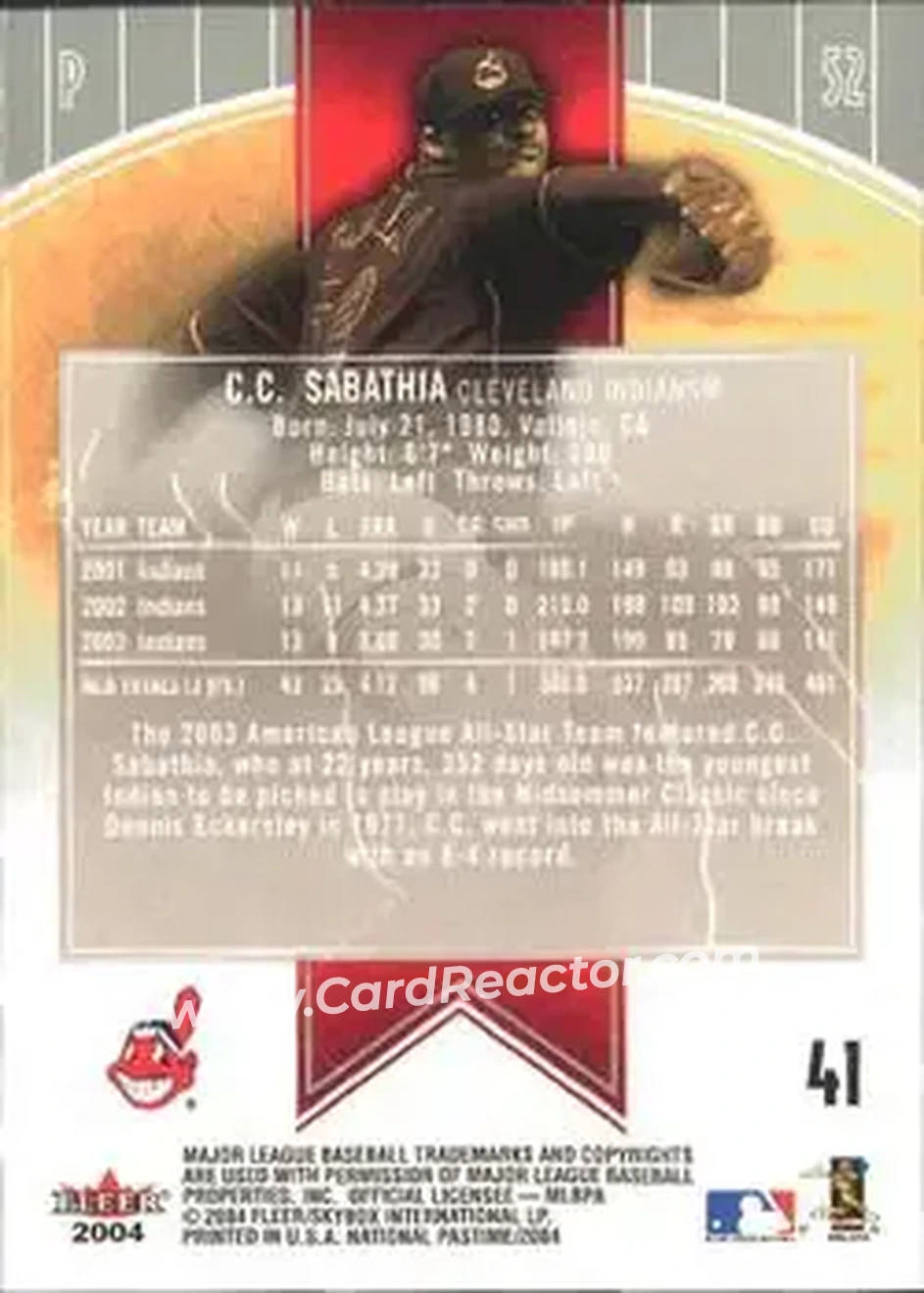 2004 Fleer National Pastime #41 - CC Sabathia - Cleveland Indians - Back 2004 Fleer National Pastime #41 - CC Sabathia - Cleveland Indians - Back