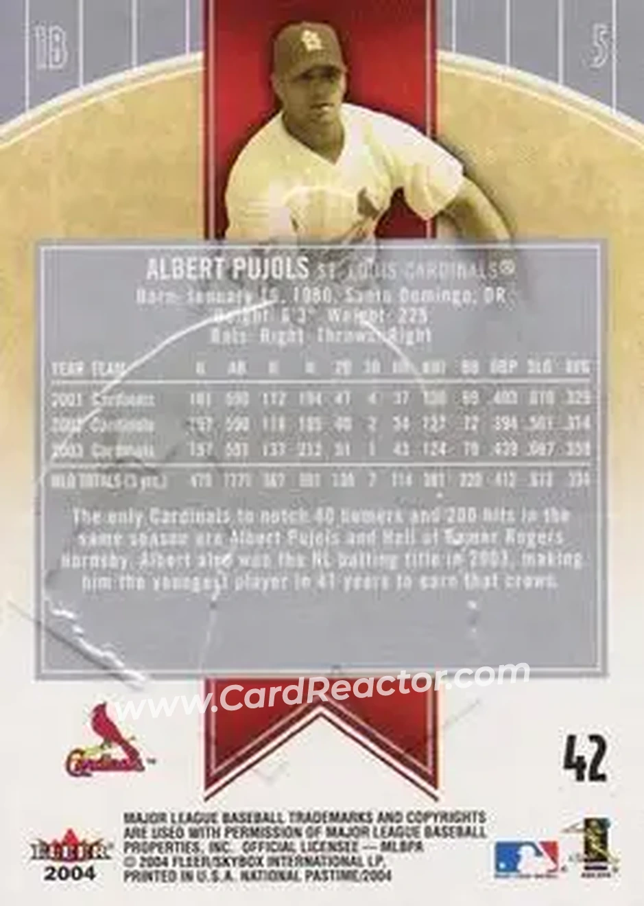 2004 Fleer National Pastime #42 - Albert Pujols - St. Louis Cardinals - Back