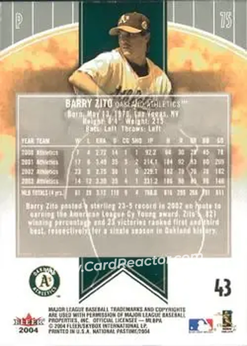 2004 Fleer National Pastime #43 - Barry Zito - Oakland Athletics - Back 2004 Fleer National Pastime #43 - Barry Zito - Oakland Athletics - Back
