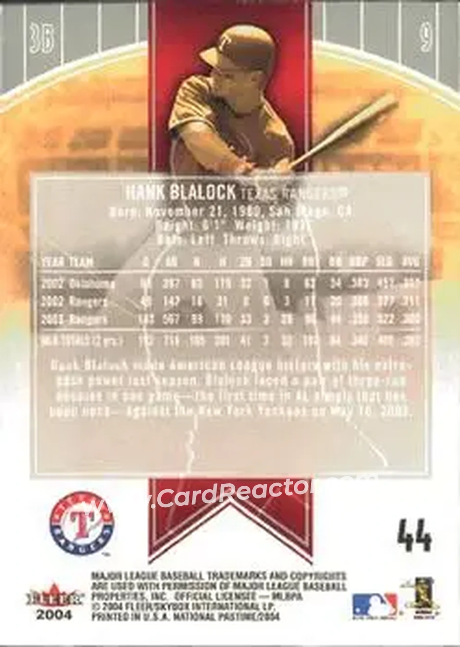 2004 Fleer National Pastime #44 - Hank Blalock - Texas Rangers - Back