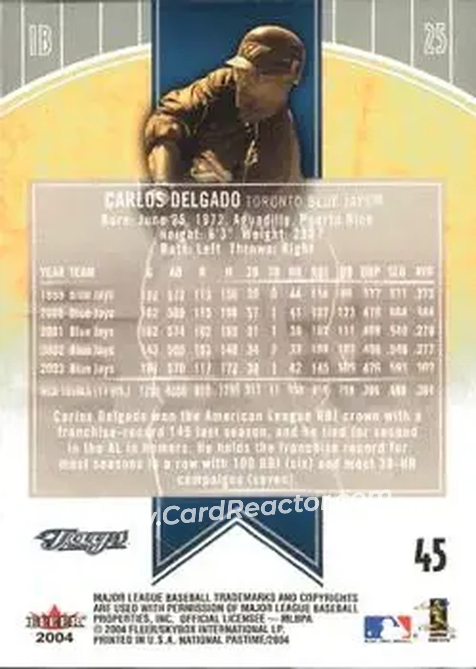 2004 Fleer National Pastime #45 - Carlos Delgado - Toronto Blue Jays - Back