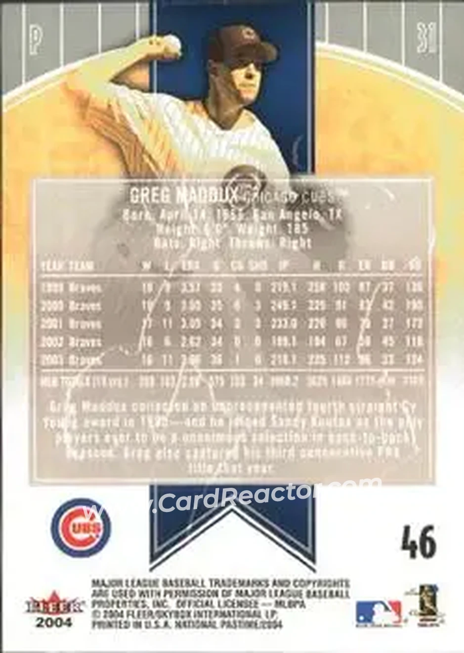 2004 Fleer National Pastime #46 - Greg Maddux - Chicago Cubs - Back