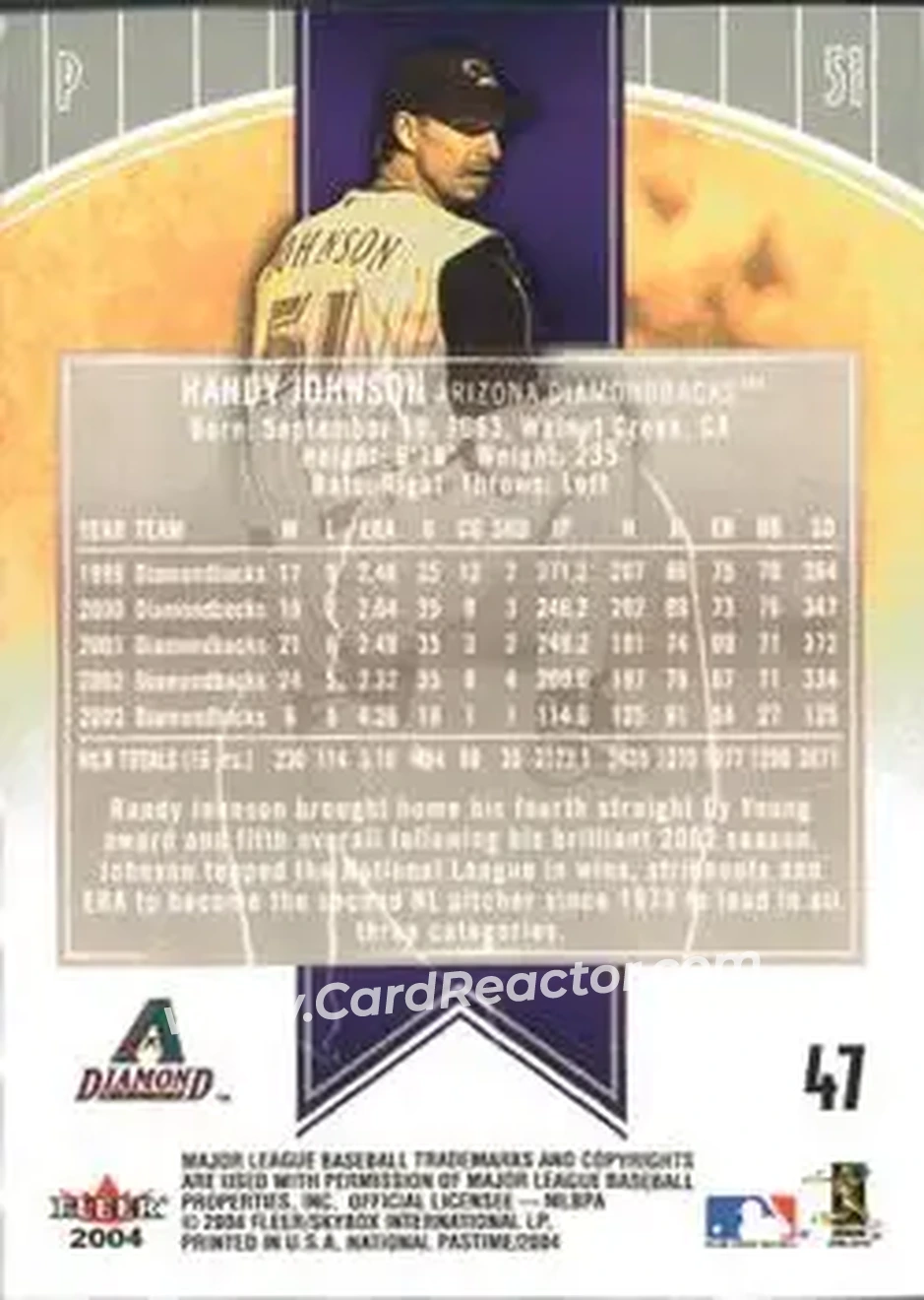 2004 Fleer National Pastime #47 - Randy Johnson - Arizona Diamondbacks - Back 2004 Fleer National Pastime #47 - Randy Johnson - Arizona Diamondbacks - Back