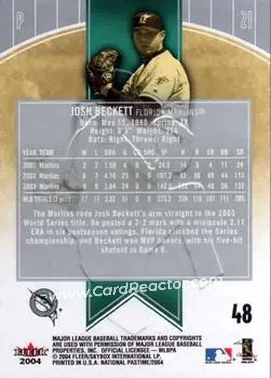 2004 Fleer National Pastime #48 - Josh Beckett - Florida Marlins - Back