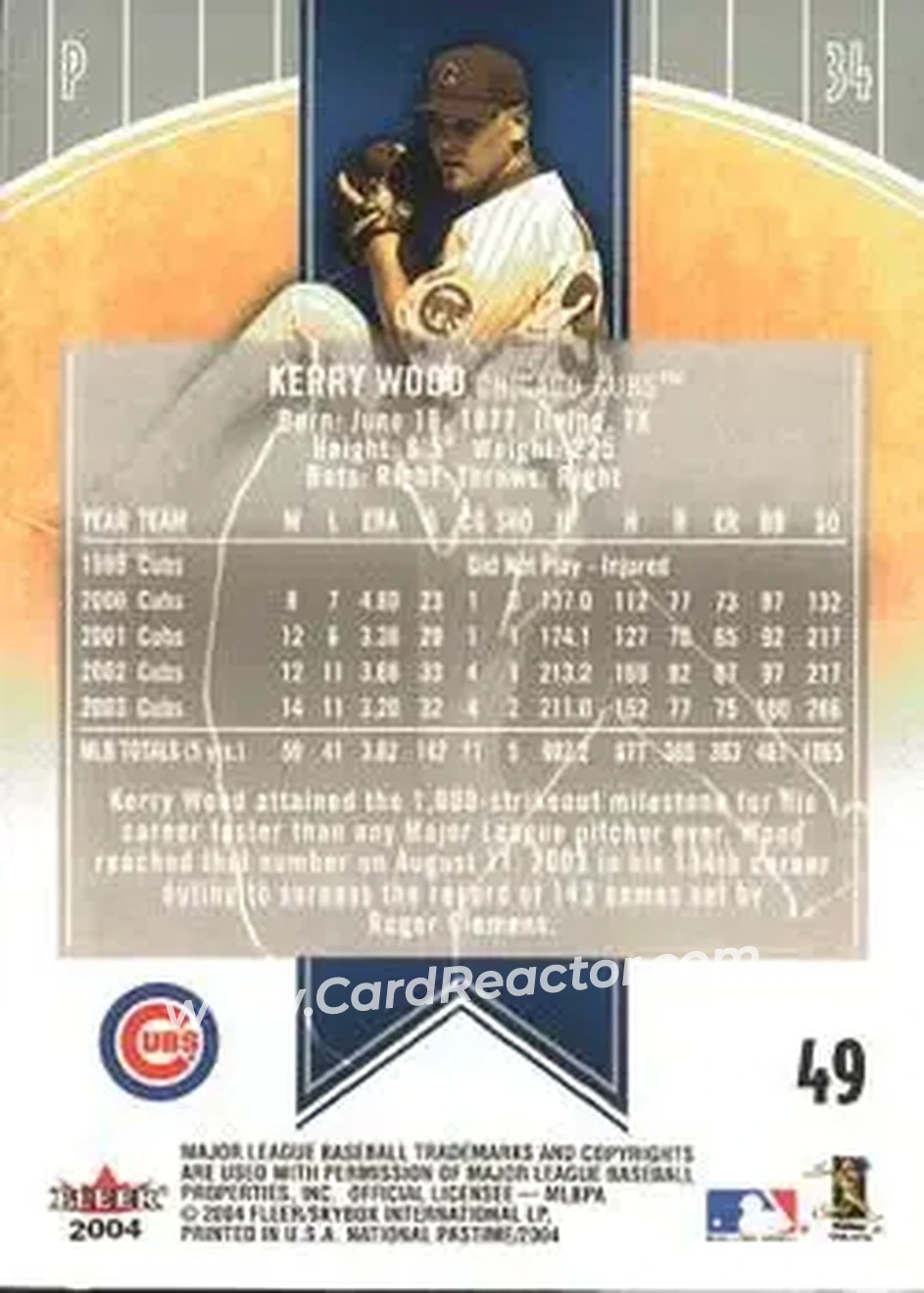 2004 Fleer National Pastime #49 - Kerry Wood - Chicago Cubs - Back