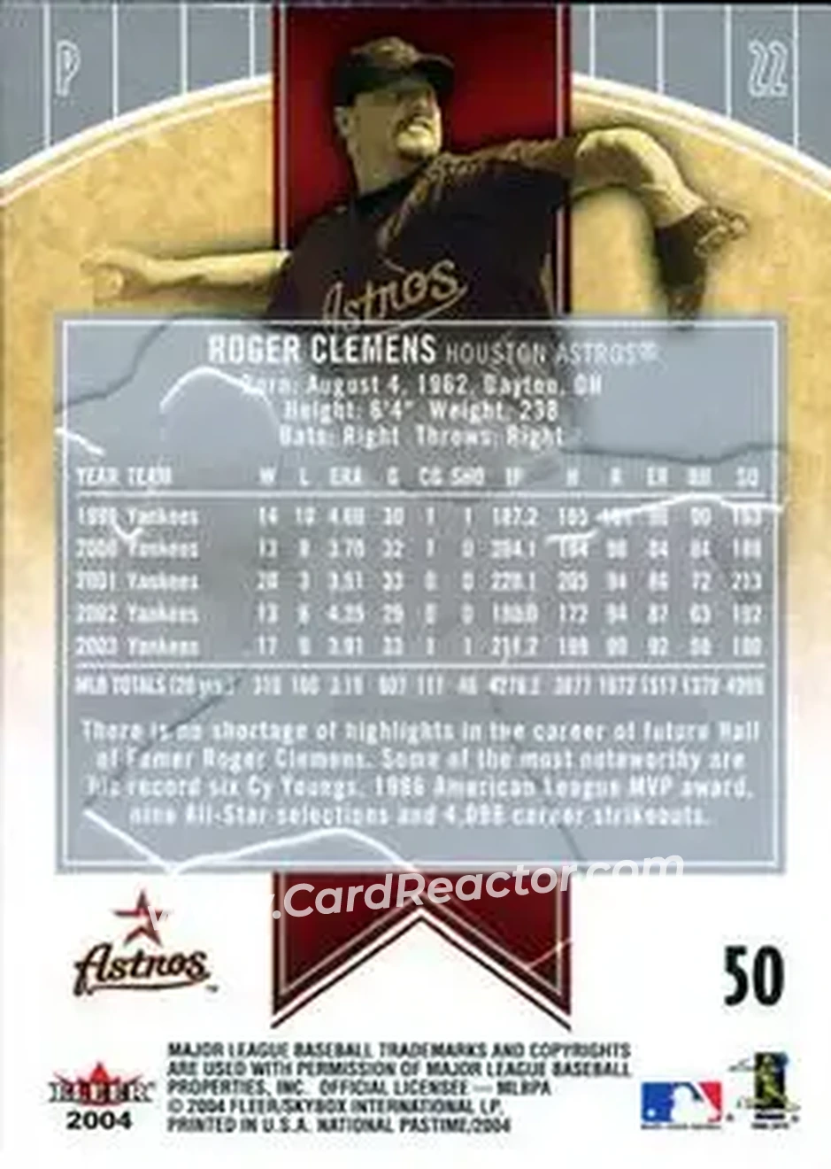 2004 Fleer National Pastime #50 - Roger Clemens - Houston Astros - Back