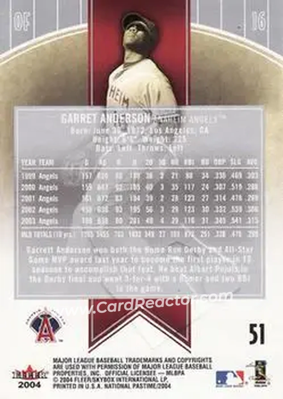 2004 Fleer National Pastime #51 - Garret Anderson - Anaheim Angels - Back 2004 Fleer National Pastime #51 - Garret Anderson - Anaheim Angels - Back