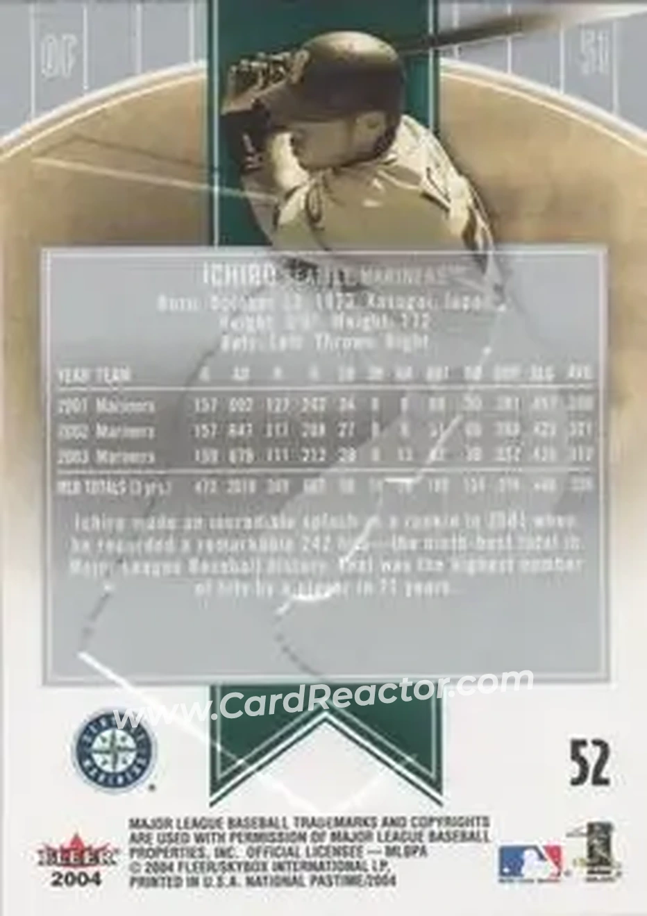 2004 Fleer National Pastime #52 - Ichiro - Seattle Mariners - Back 2004 Fleer National Pastime #52 - Ichiro - Seattle Mariners - Back