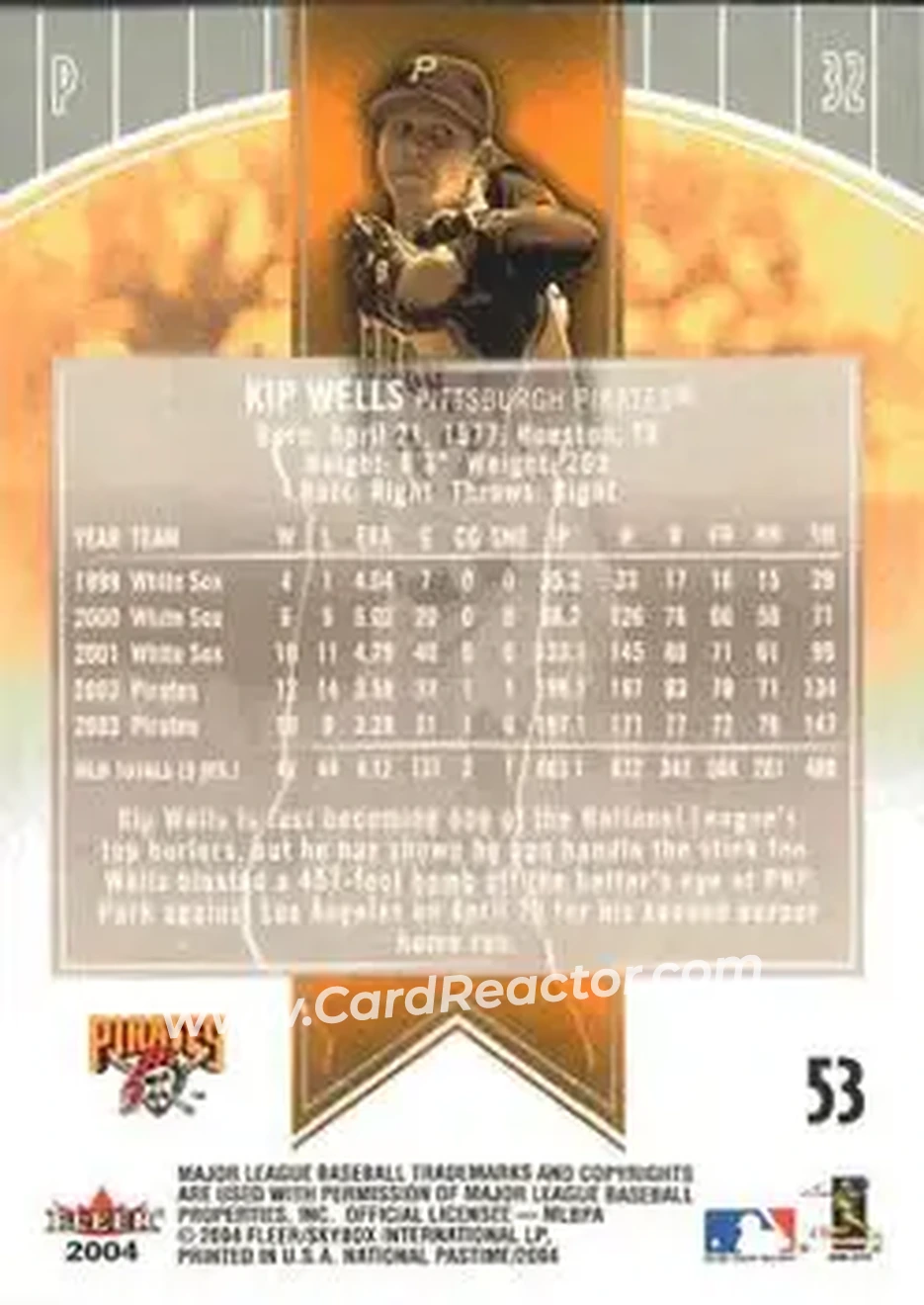 2004 Fleer National Pastime #53 - Kip Wells - Pittsburgh Pirates - Back 2004 Fleer National Pastime #53 - Kip Wells - Pittsburgh Pirates - Back
