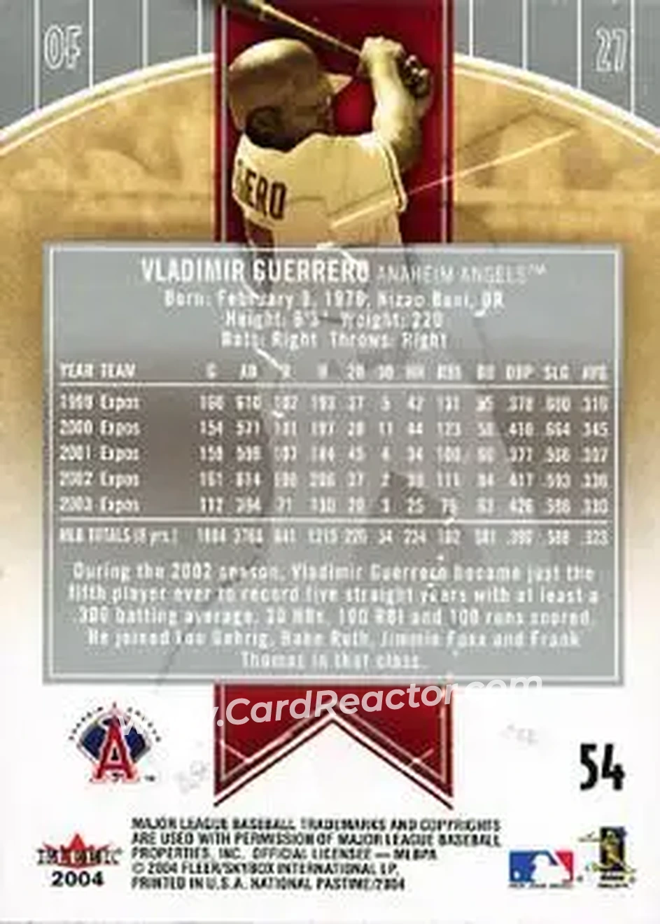 2004 Fleer National Pastime #54 - Vladimir Guerrero - Anaheim Angels - Back 2004 Fleer National Pastime #54 - Vladimir Guerrero - Anaheim Angels - Back