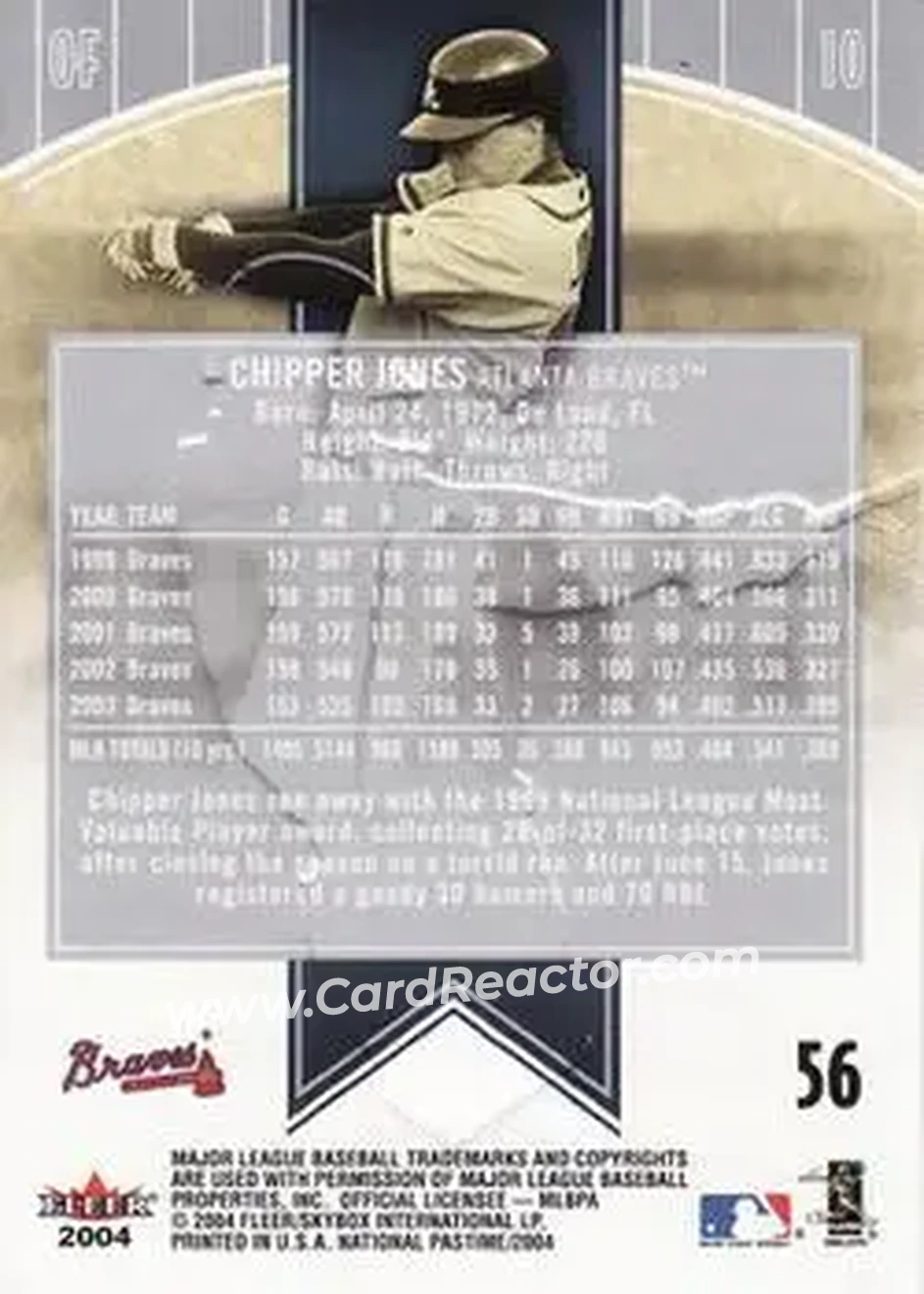 2004 Fleer National Pastime #56 - Chipper Jones - Atlanta Braves - Back