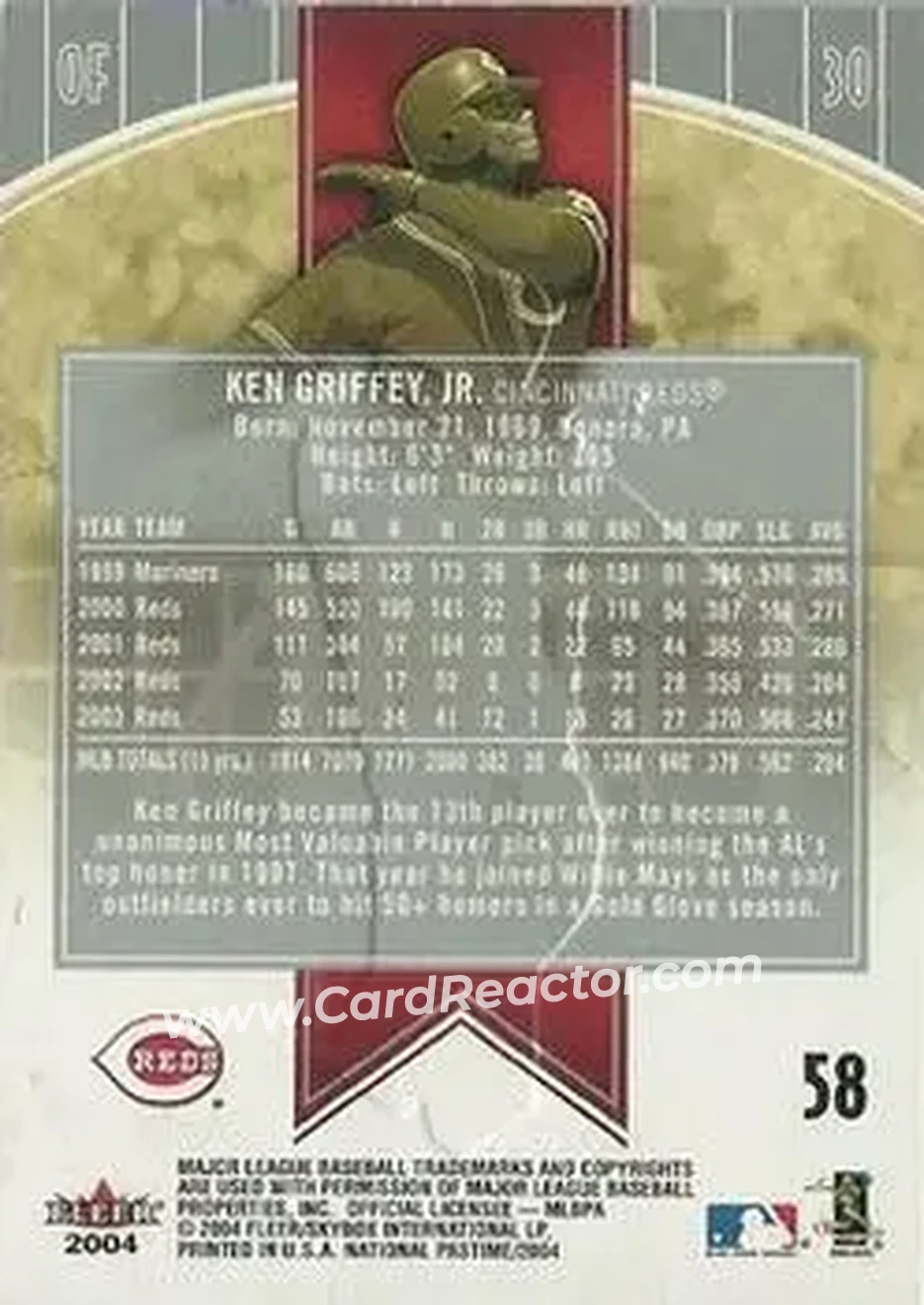 2004 Fleer National Pastime #58 - Ken Griffey Jr. - Cincinnati Reds - Back