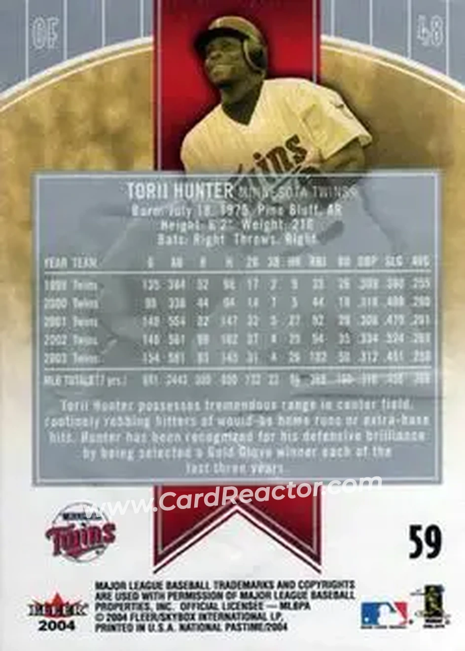 2004 Fleer National Pastime #59 - Torii Hunter - Minnesota Twins - Back