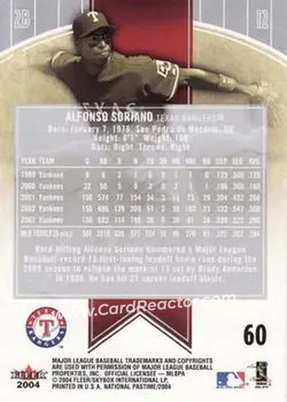 2004 Fleer National Pastime #60 - Alfonso Soriano - Texas Rangers - Back