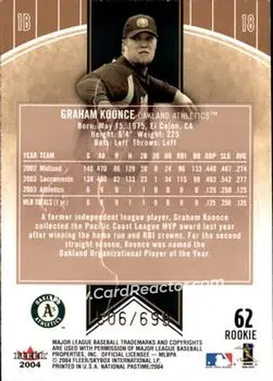 2004 Fleer National Pastime #62 - Graham Koonce - Oakland Athletics - Back 2004 Fleer National Pastime #62 - Graham Koonce - Oakland Athletics - Back