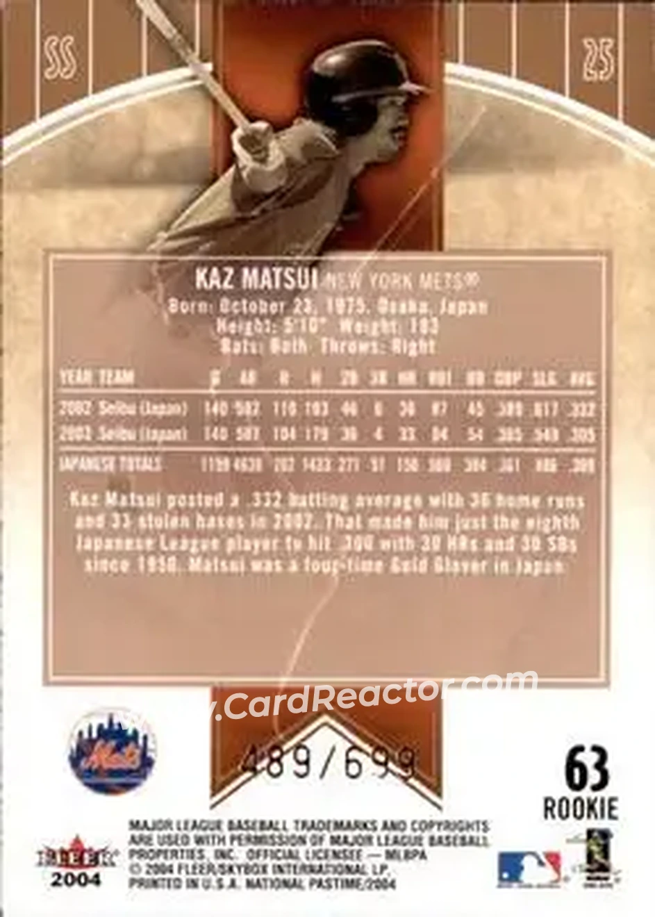 2004 Fleer National Pastime #63 - Kazuo Matsui - New York Mets - Back