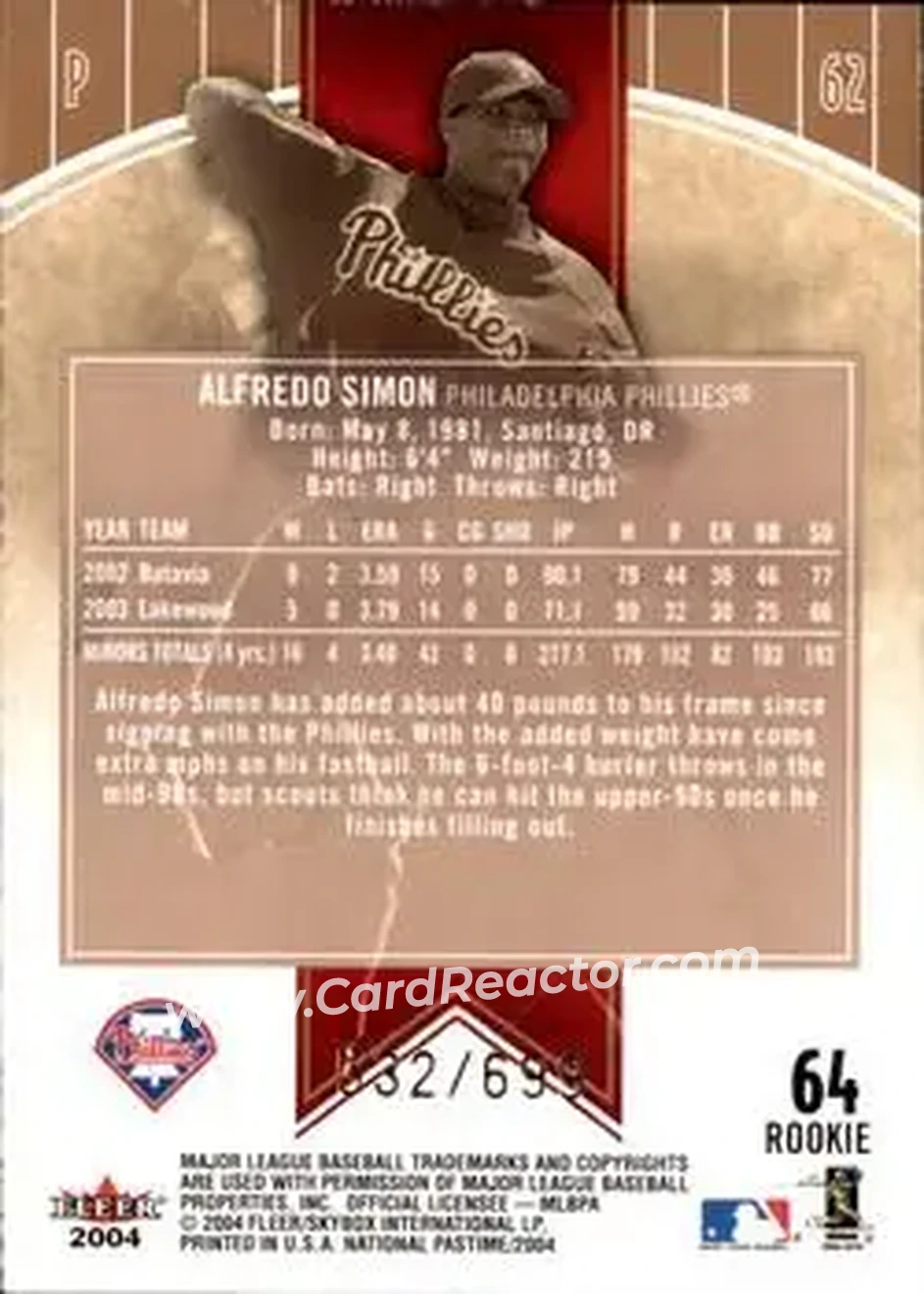 2004 Fleer National Pastime #64 - Alfredo Simon - Philadelphia Phillies - Back