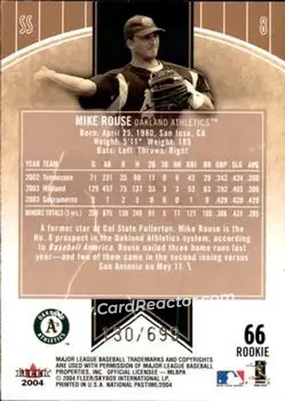 2004 Fleer National Pastime #66 - Mike Rouse - Oakland Athletics - Back