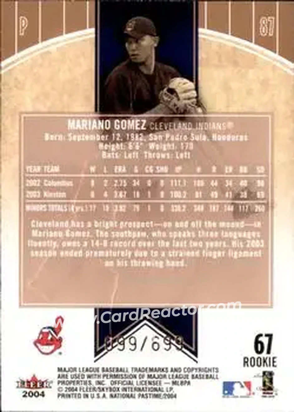 2004 Fleer National Pastime #67 - Mariano Gomez - Cleveland Indians - Back