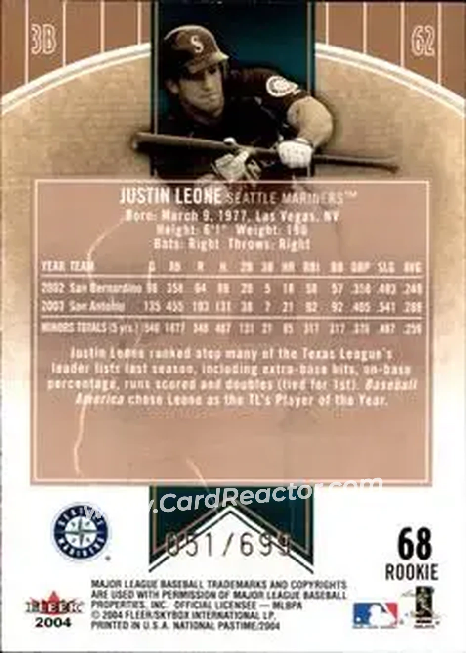 2004 Fleer National Pastime #68 - Justin Leone - Seattle Mariners - Back