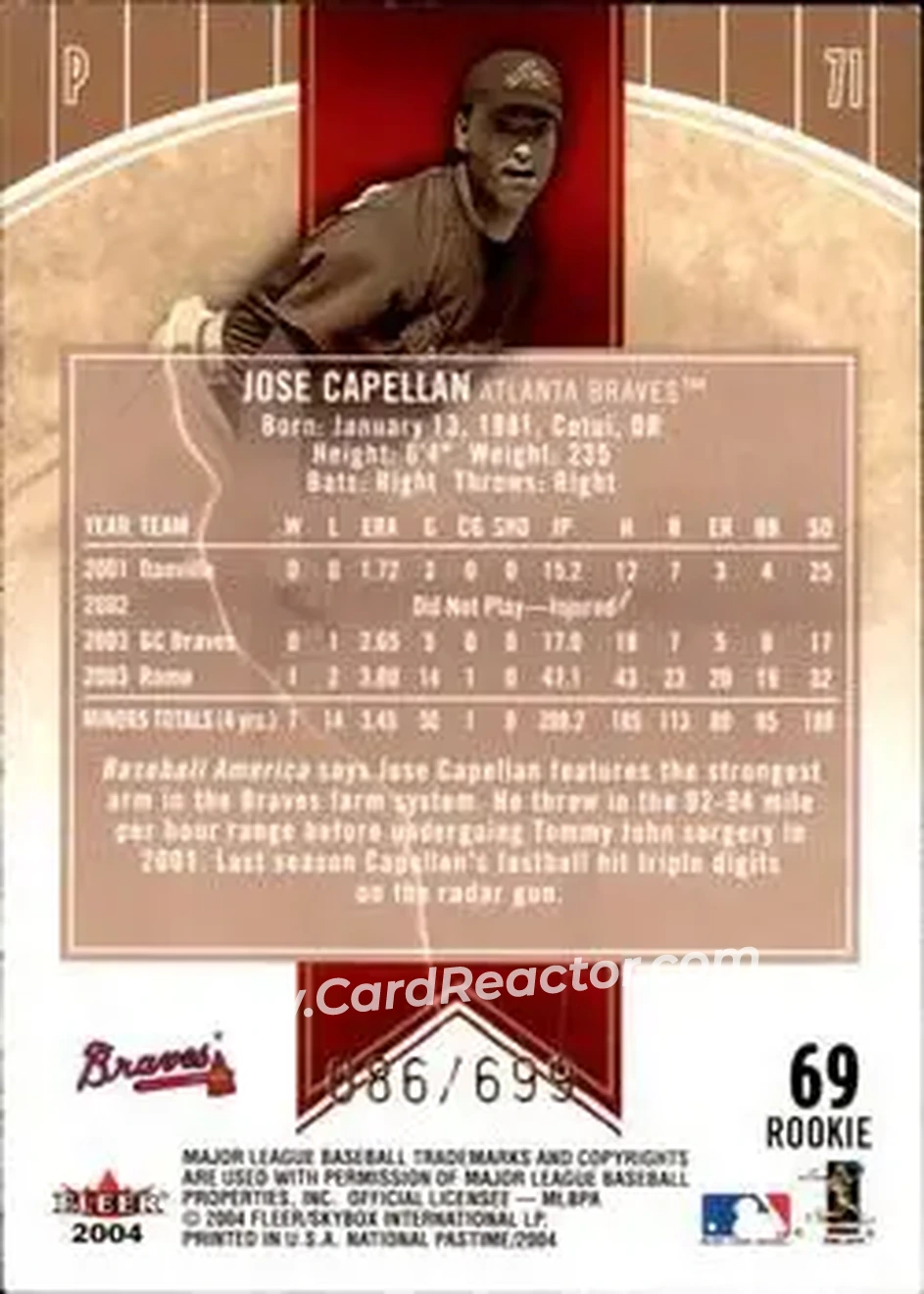 2004 Fleer National Pastime #69 - Jose Capellan - Atlanta Braves - Back 2004 Fleer National Pastime #69 - Jose Capellan - Atlanta Braves - Back