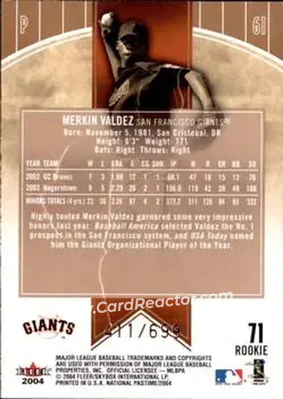 2004 Fleer National Pastime #71 - Merkin Valdez - San Francisco Giants - Back