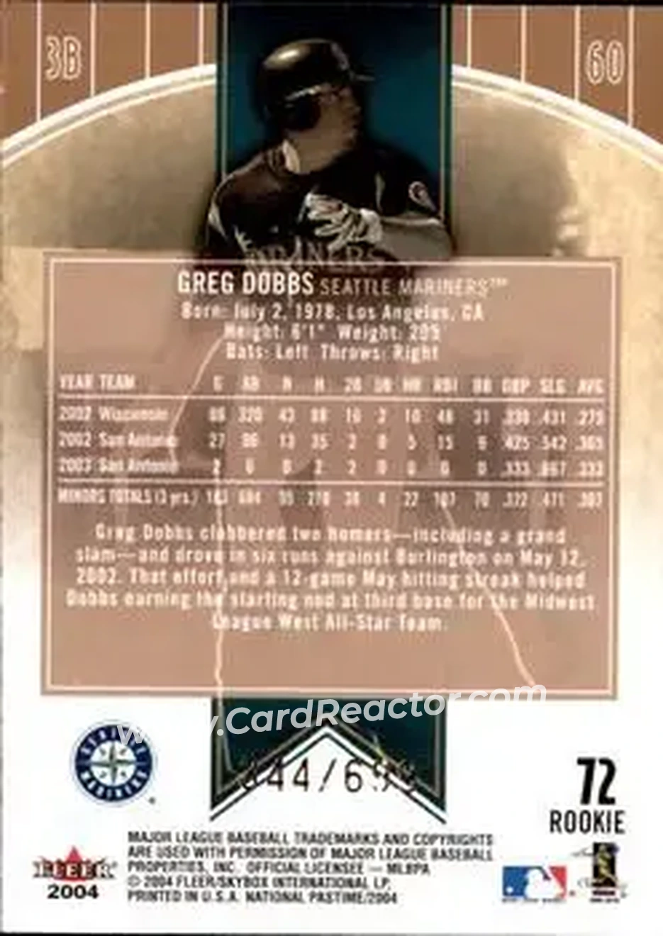 2004 Fleer National Pastime #72 - Greg Dobbs - Seattle Mariners - Back 2004 Fleer National Pastime #72 - Greg Dobbs - Seattle Mariners - Back