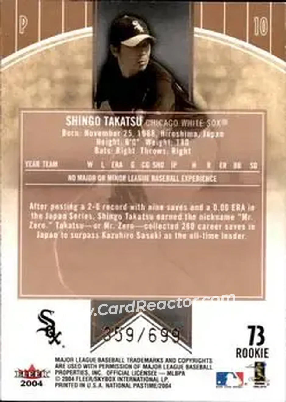 2004 Fleer National Pastime #73 - Shingo Takatsu - Chicago White Sox - Back 2004 Fleer National Pastime #73 - Shingo Takatsu - Chicago White Sox - Back