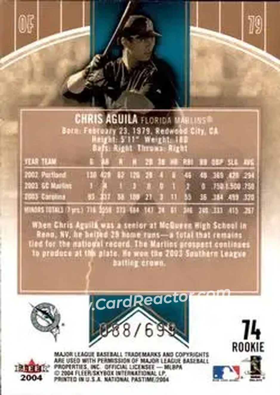 2004 Fleer National Pastime #74 - Chris Aguila - Florida Marlins - Back 2004 Fleer National Pastime #74 - Chris Aguila - Florida Marlins - Back