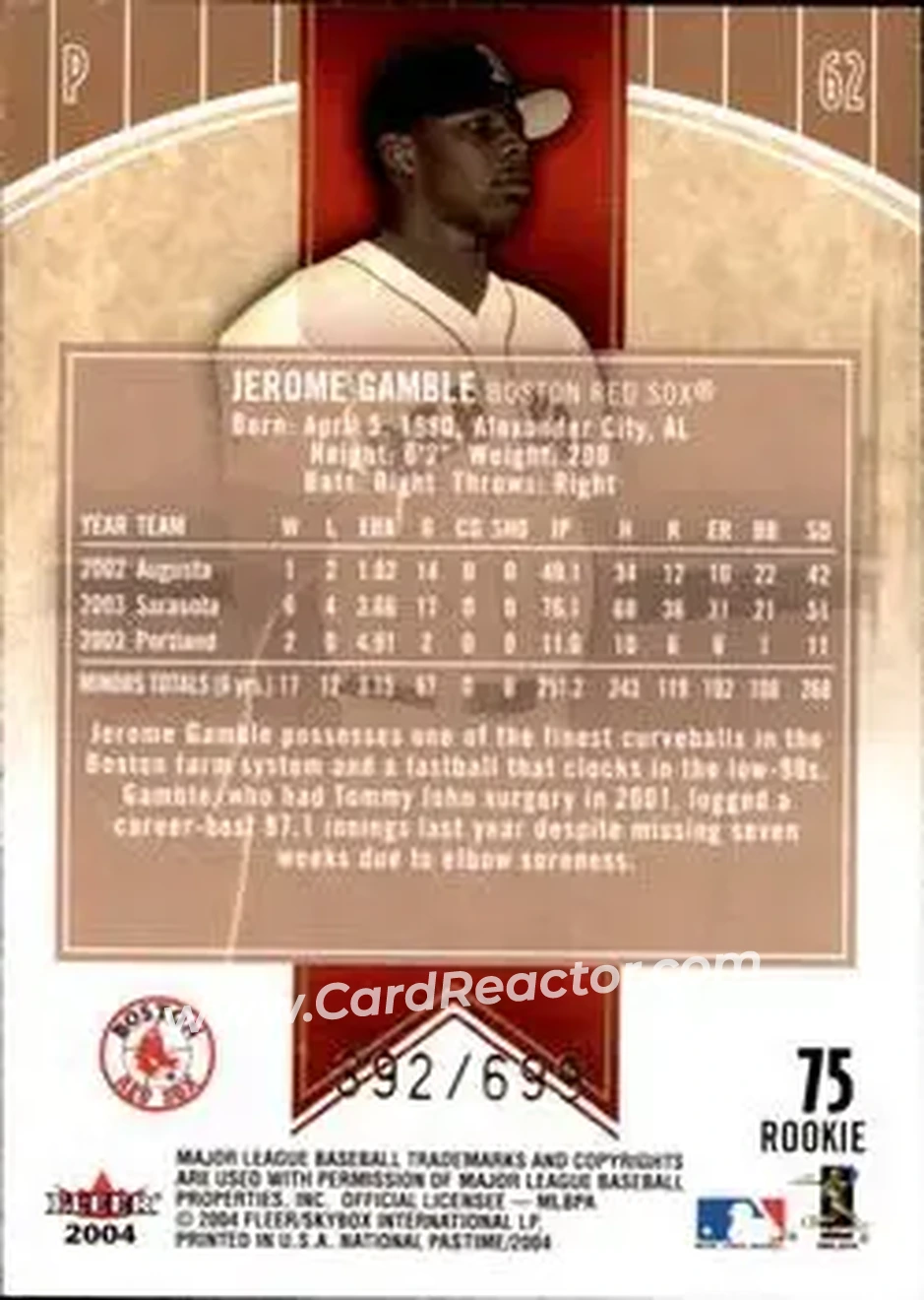 2004 Fleer National Pastime #75 - Jerome Gamble - Boston Red Sox - Back 2004 Fleer National Pastime #75 - Jerome Gamble - Boston Red Sox - Back