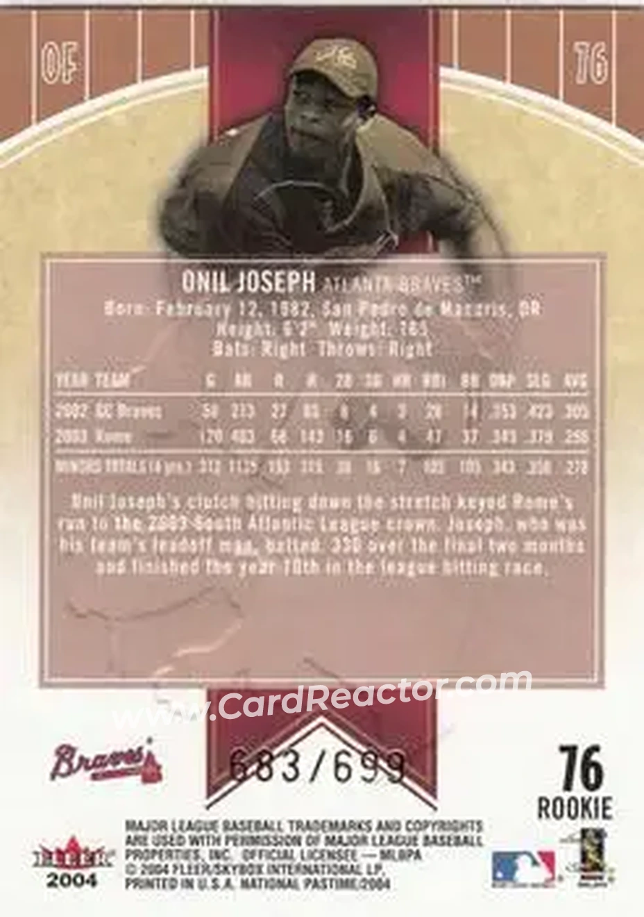 2004 Fleer National Pastime #76 - Onil Joseph - Atlanta Braves - Back