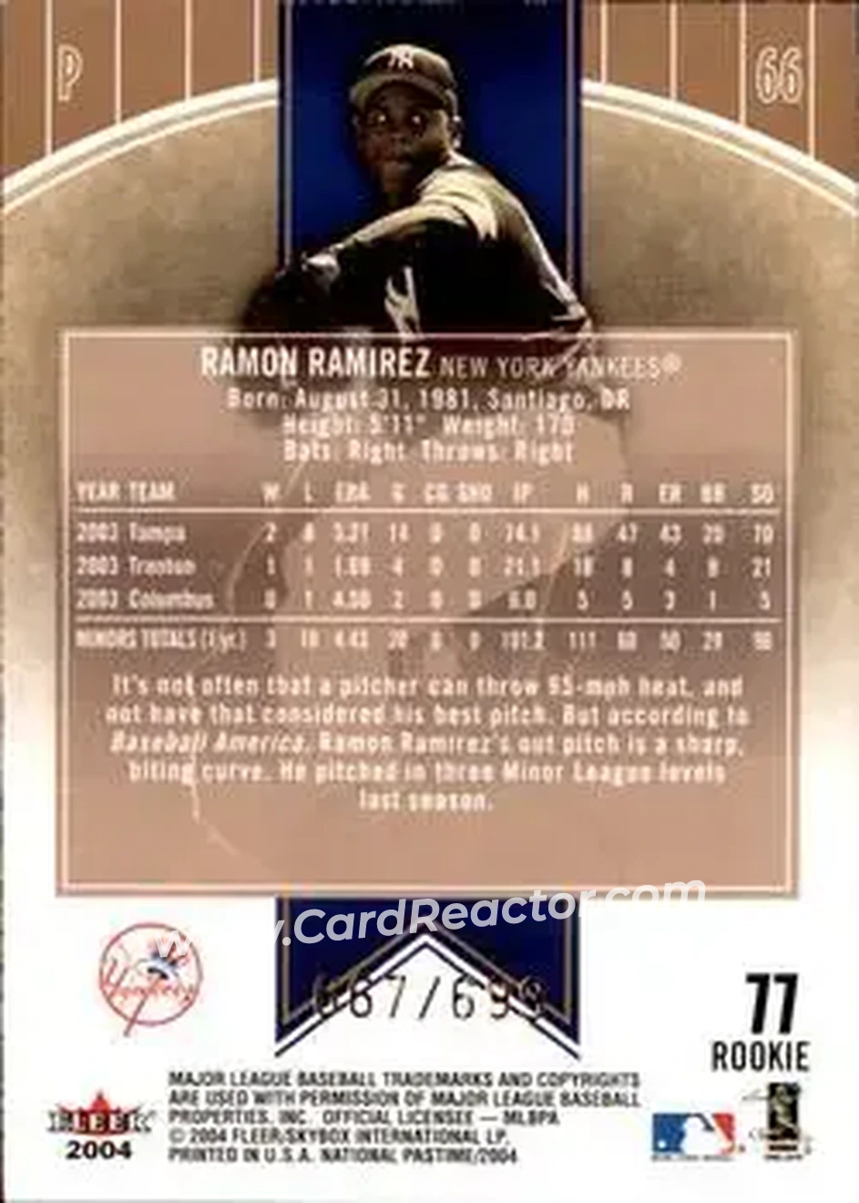 2004 Fleer National Pastime #77 - Ramon Ramirez - New York Yankees - Back 2004 Fleer National Pastime #77 - Ramon Ramirez - New York Yankees - Back