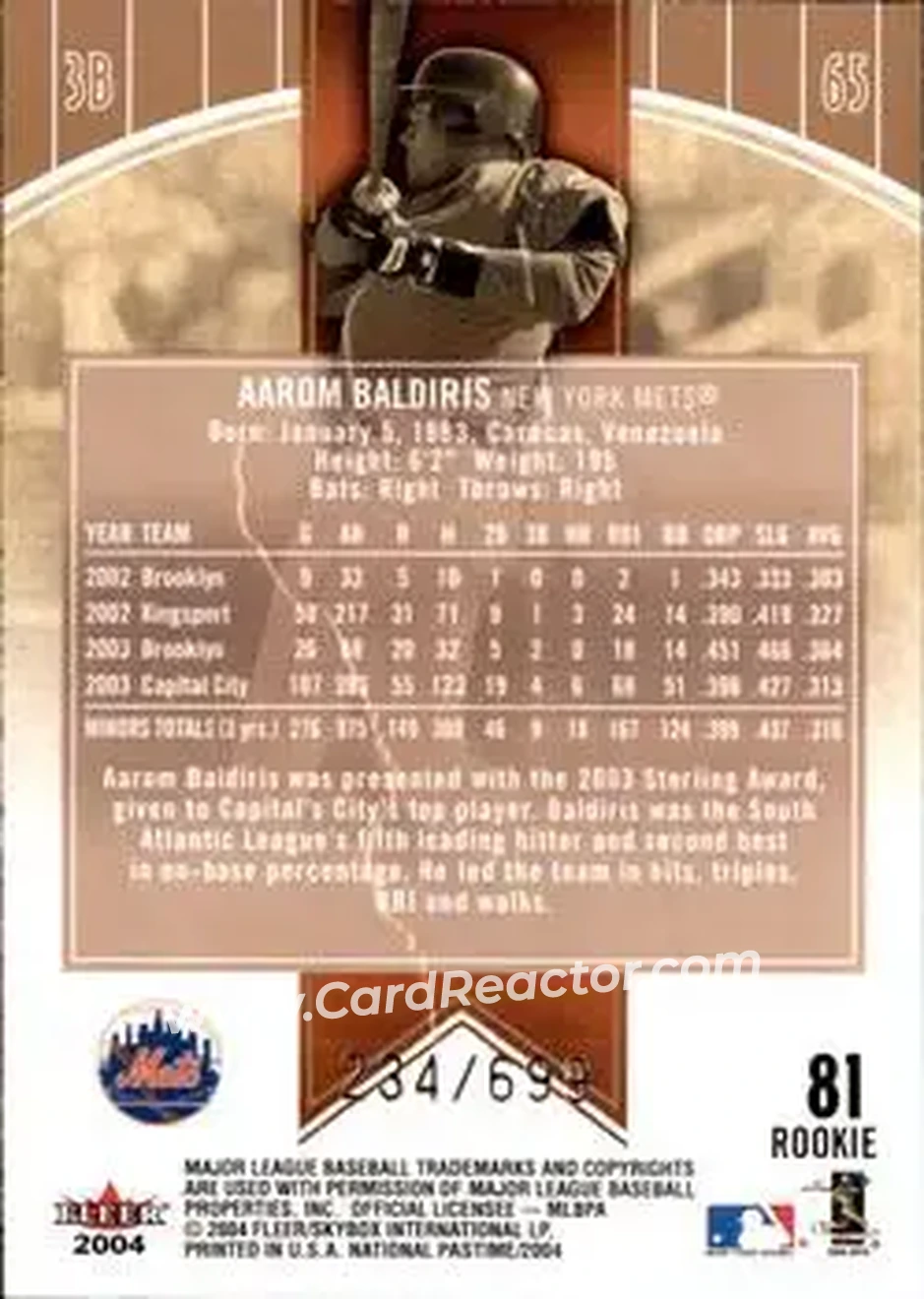 2004 Fleer National Pastime #81 - Aarom Baldiris - New York Mets - Back 2004 Fleer National Pastime #81 - Aarom Baldiris - New York Mets - Back