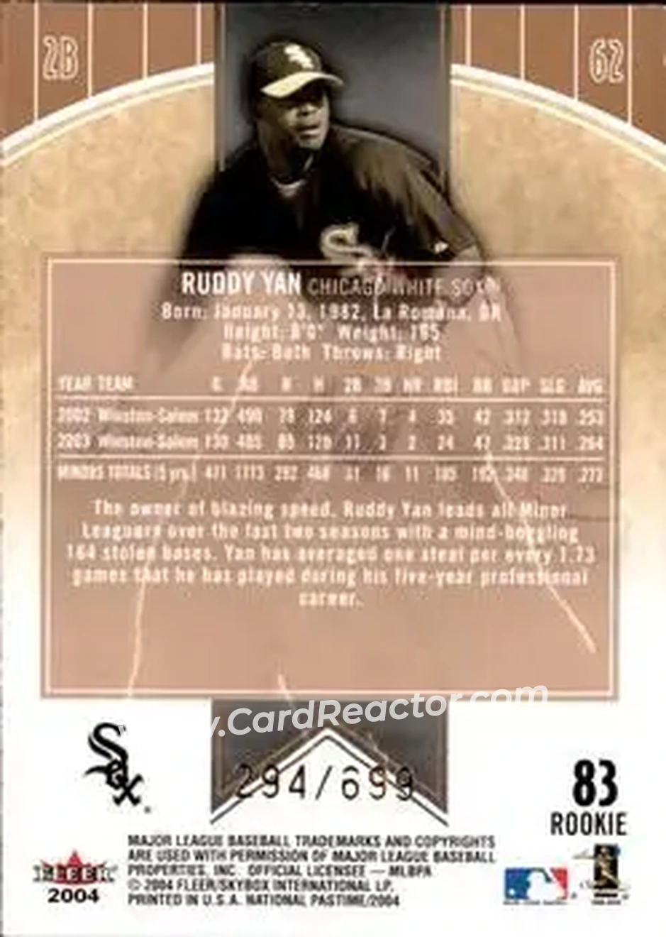2004 Fleer National Pastime #83 - Ruddy Yan - Chicago White Sox - Back