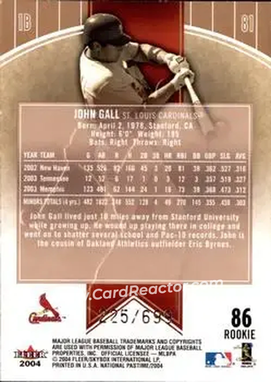 2004 Fleer National Pastime #86 - John Gall - St. Louis Cardinals - Back 2004 Fleer National Pastime #86 - John Gall - St. Louis Cardinals - Back
