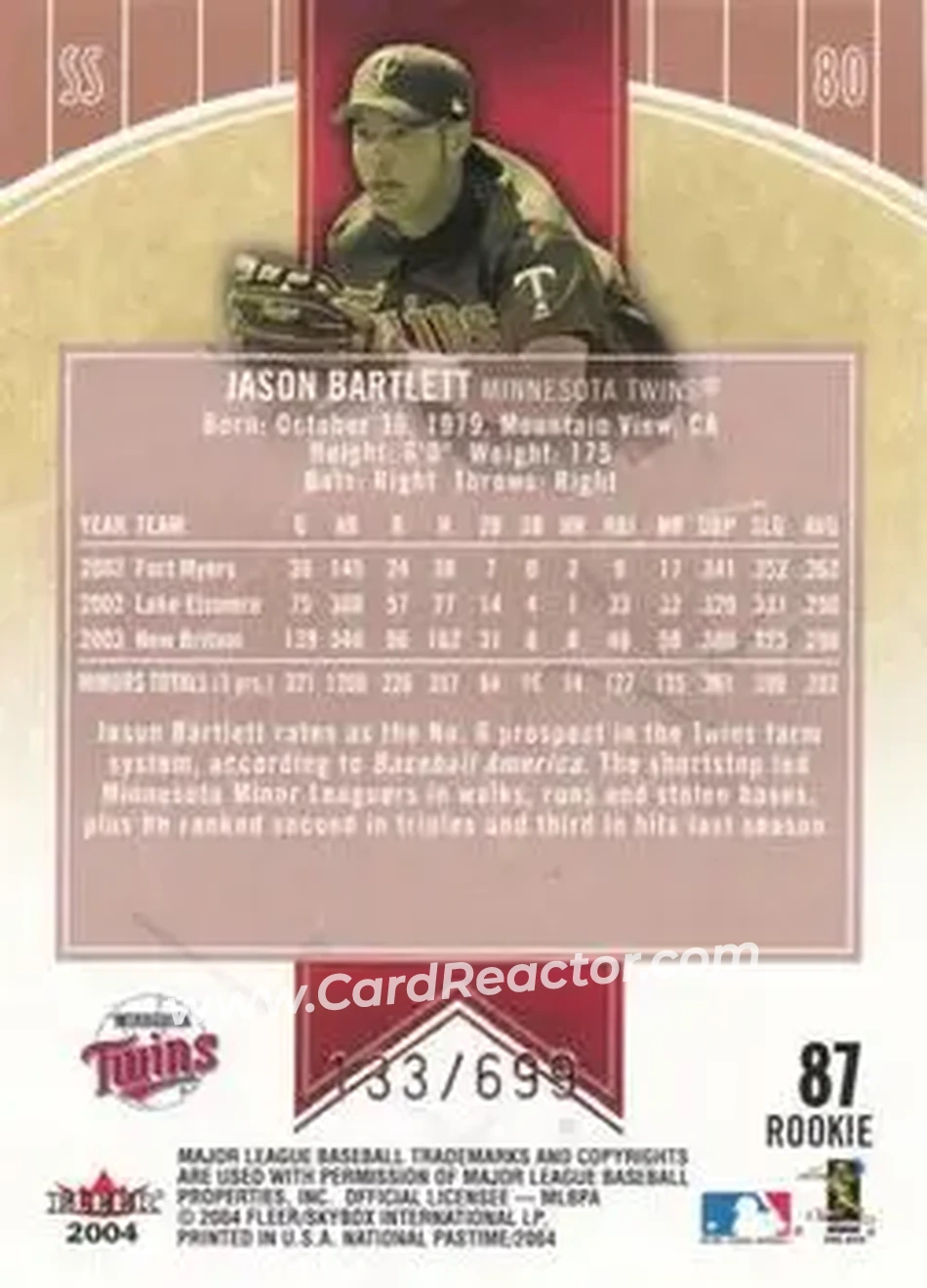 2004 Fleer National Pastime #87 - Jason Bartlett - Minnesota Twins - Back