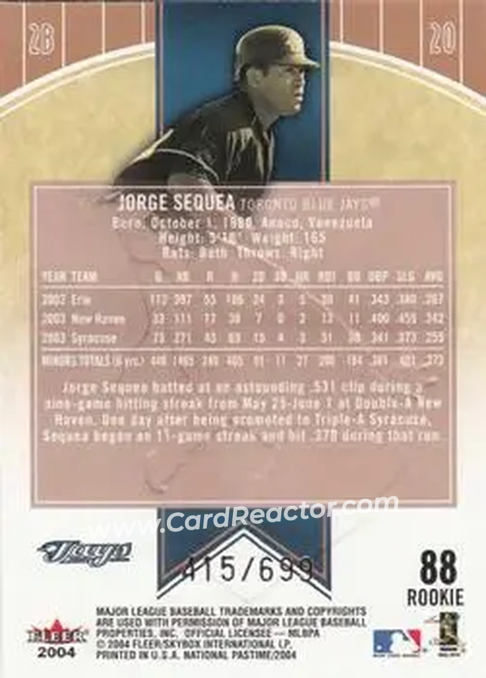 2004 Fleer National Pastime #88 - Jorge Sequea - Toronto Blue Jays - Back
