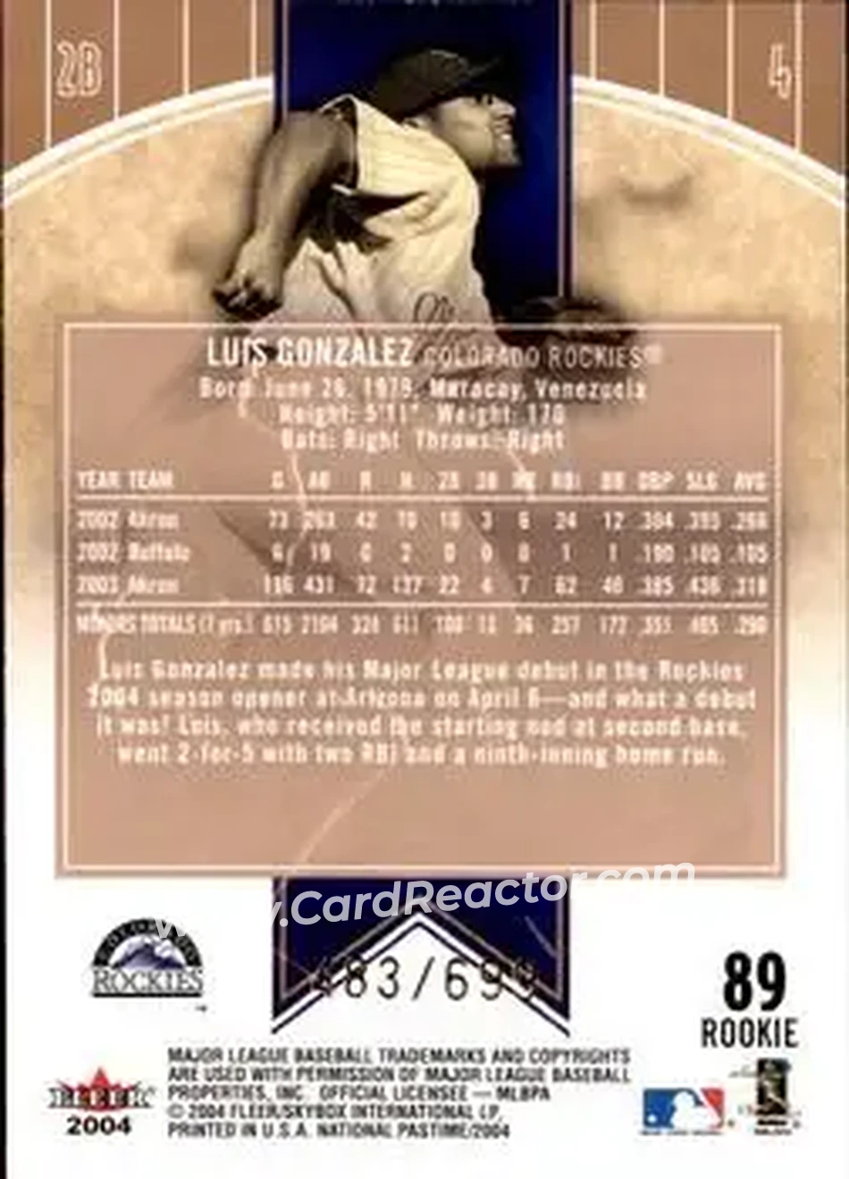 2004 Fleer National Pastime #89 - Luis Gonzalez - Colorado Rockies - Back