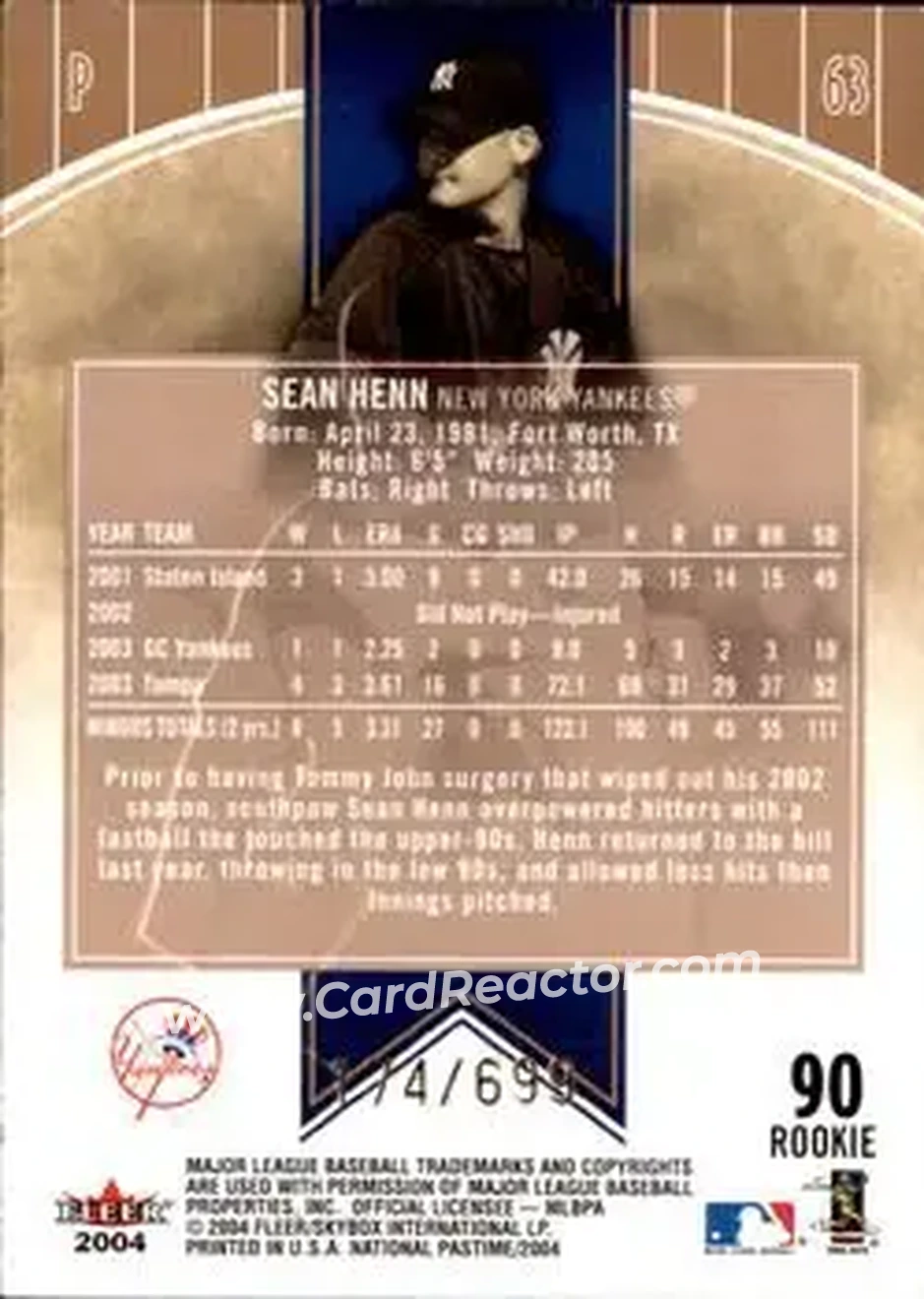 2004 Fleer National Pastime #90 - Sean Henn - New York Yankees - Back 2004 Fleer National Pastime #90 - Sean Henn - New York Yankees - Back