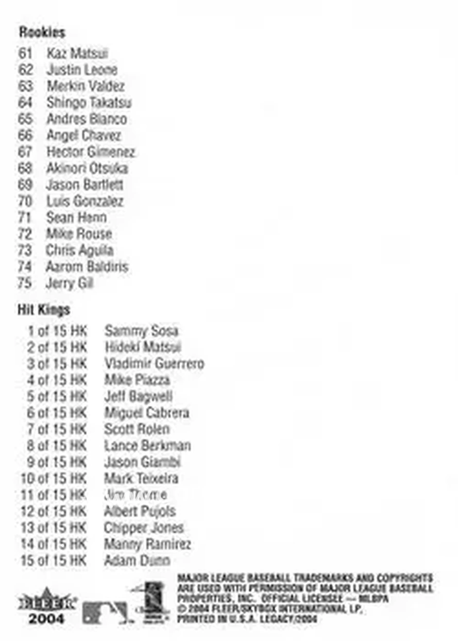2004 Fleer Legacy - Checklists #NNO - Checklist: 1 75 and Inserts CL - Back