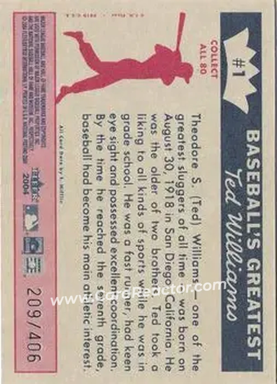 2004 Fleer National Pastime - 1959 Ted Williams Reprint #1 - Ted Williams - Boston Red Sox - Back