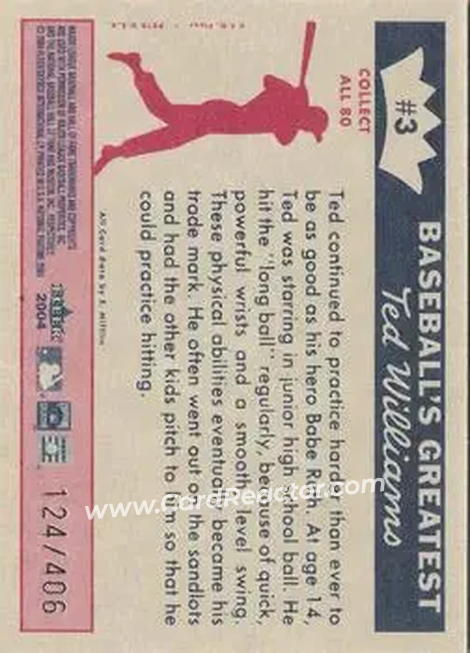 2004 Fleer National Pastime - 1959 Ted Williams Reprint #3 - Ted Williams - Boston Red Sox - Back 2004 Fleer National Pastime - 1959 Ted Williams Reprint #3 - Ted Williams - Boston Red Sox - Back