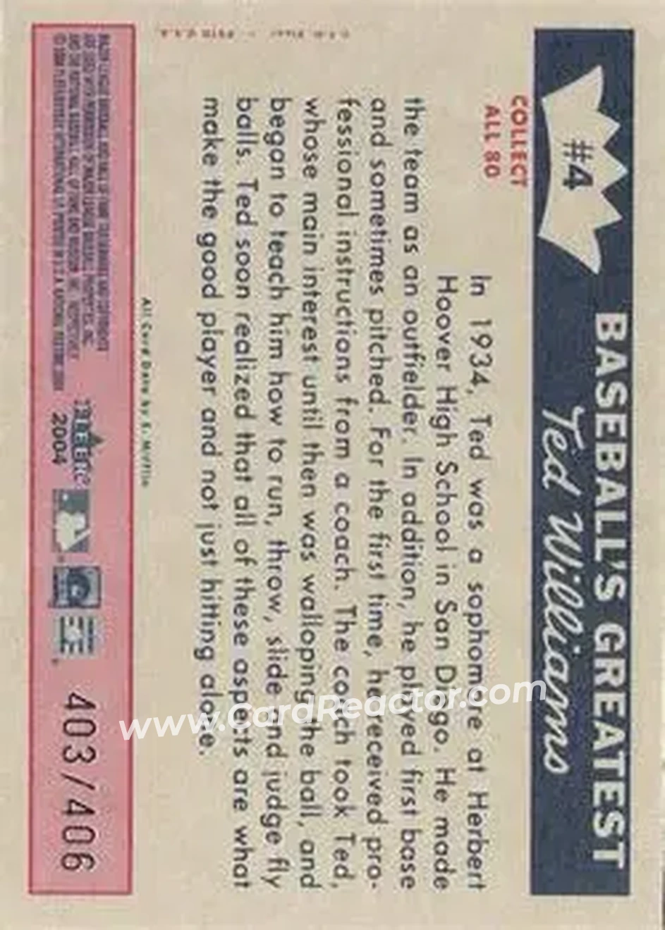 2004 Fleer National Pastime - 1959 Ted Williams Reprint #4 - Ted Williams - Boston Red Sox - Back