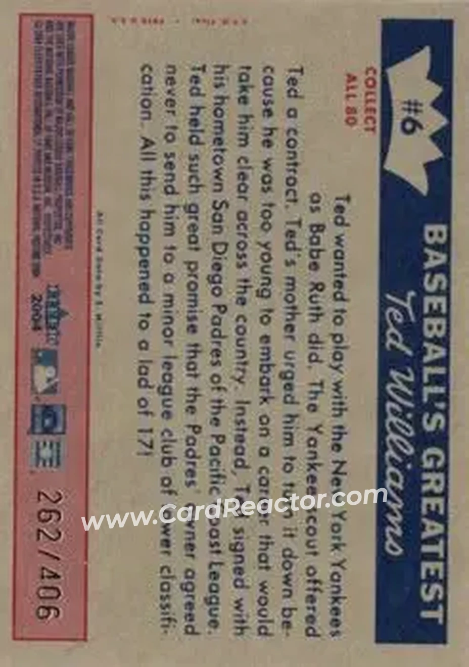 2004 Fleer National Pastime - 1959 Ted Williams Reprint #6 - Ted Williams - San Diego Padres - Back 2004 Fleer National Pastime - 1959 Ted Williams Reprint #6 - Ted Williams - San Diego Padres - Back