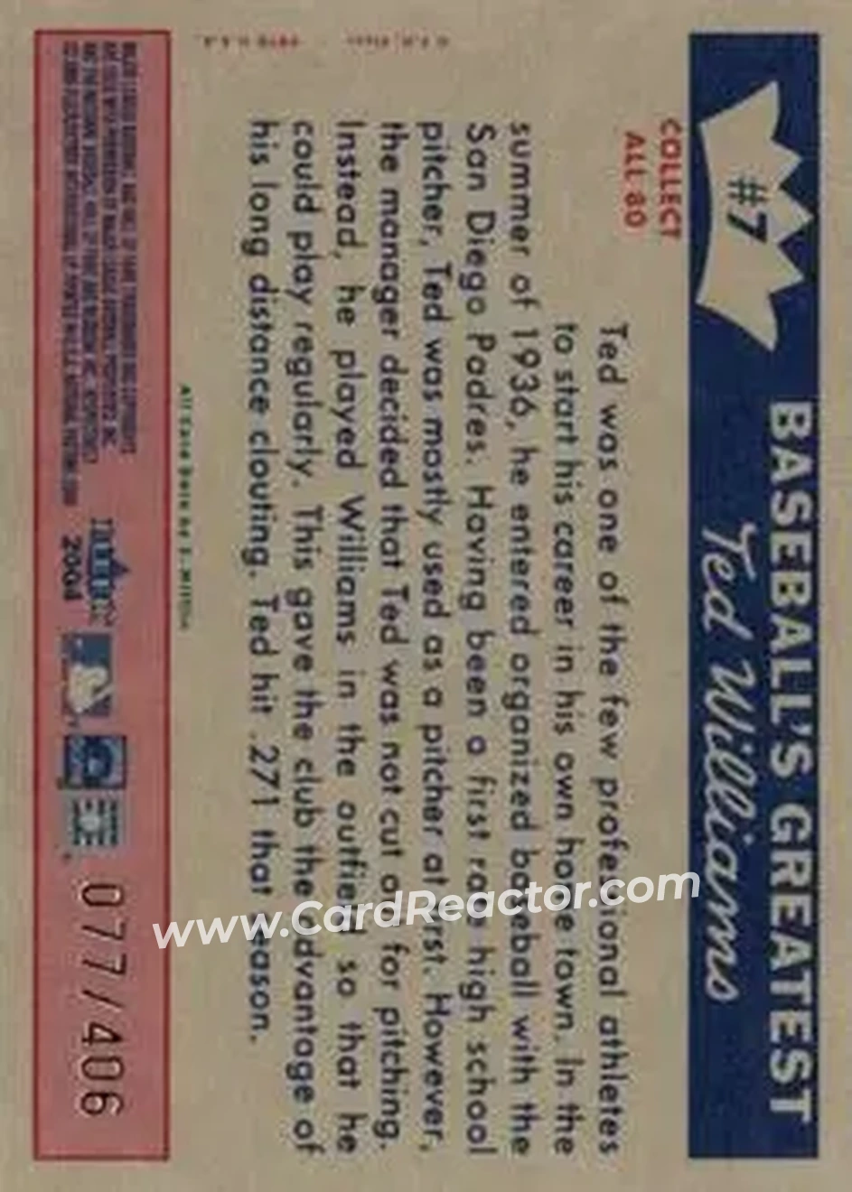 2004 Fleer National Pastime - 1959 Ted Williams Reprint #7 - Ted Williams - Boston Red Sox - Back 2004 Fleer National Pastime - 1959 Ted Williams Reprint #7 - Ted Williams - Boston Red Sox - Back