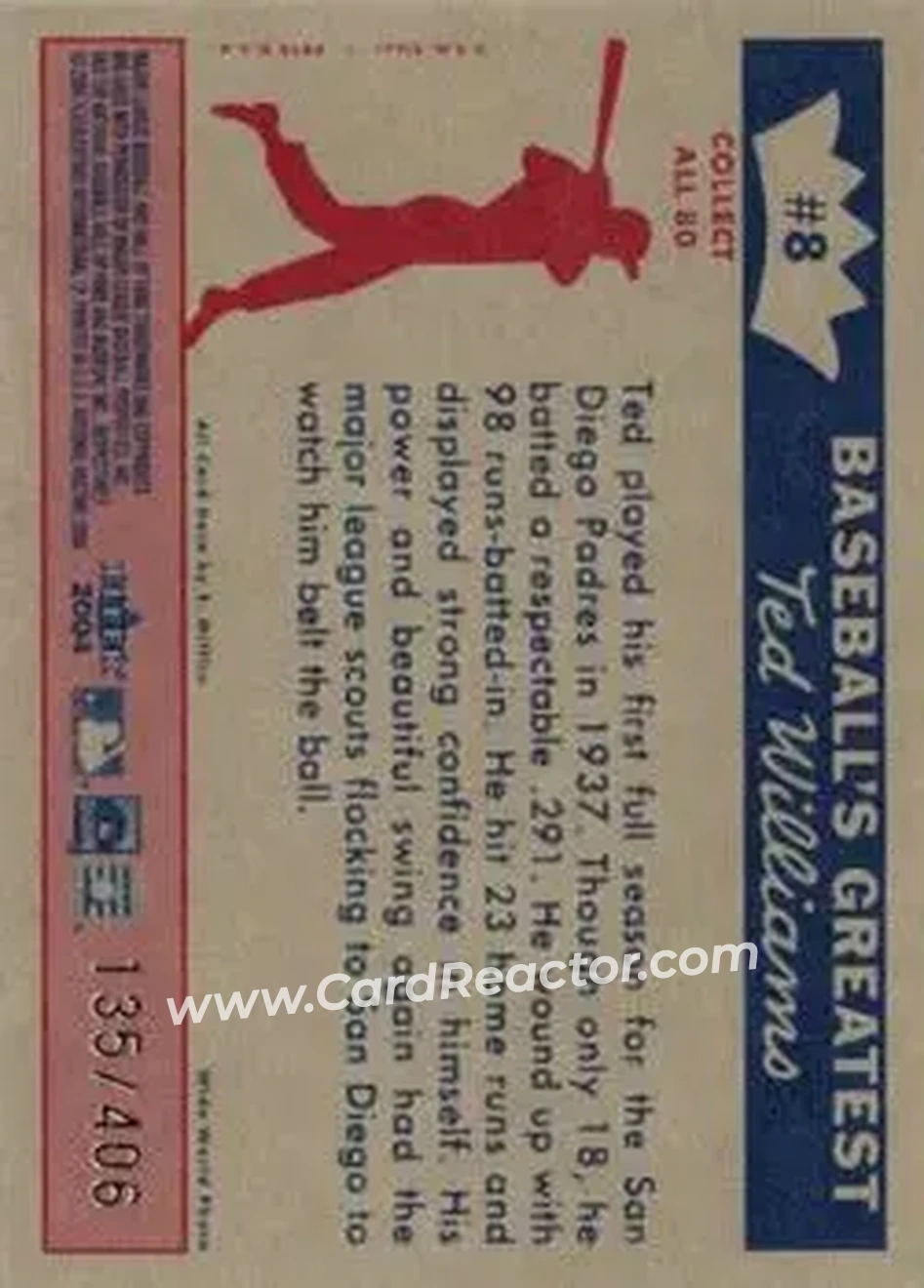 2004 Fleer National Pastime - 1959 Ted Williams Reprint #8 - Ted Williams - Boston Red Sox - Back 2004 Fleer National Pastime - 1959 Ted Williams Reprint #8 - Ted Williams - Boston Red Sox - Back