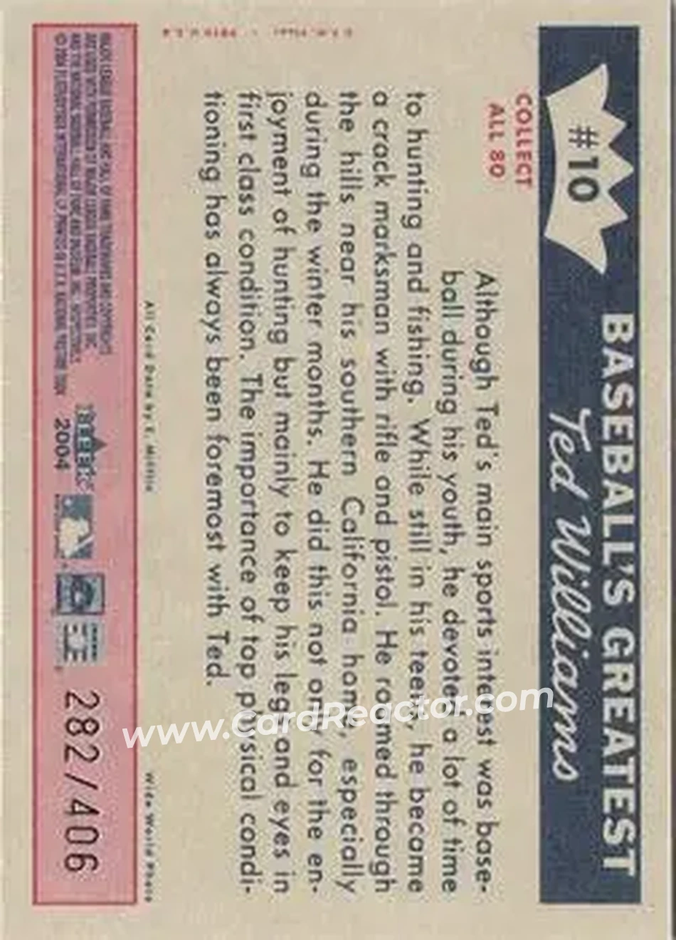 2004 Fleer National Pastime - 1959 Ted Williams Reprint #10 - Ted Williams - Boston Red Sox - Back
