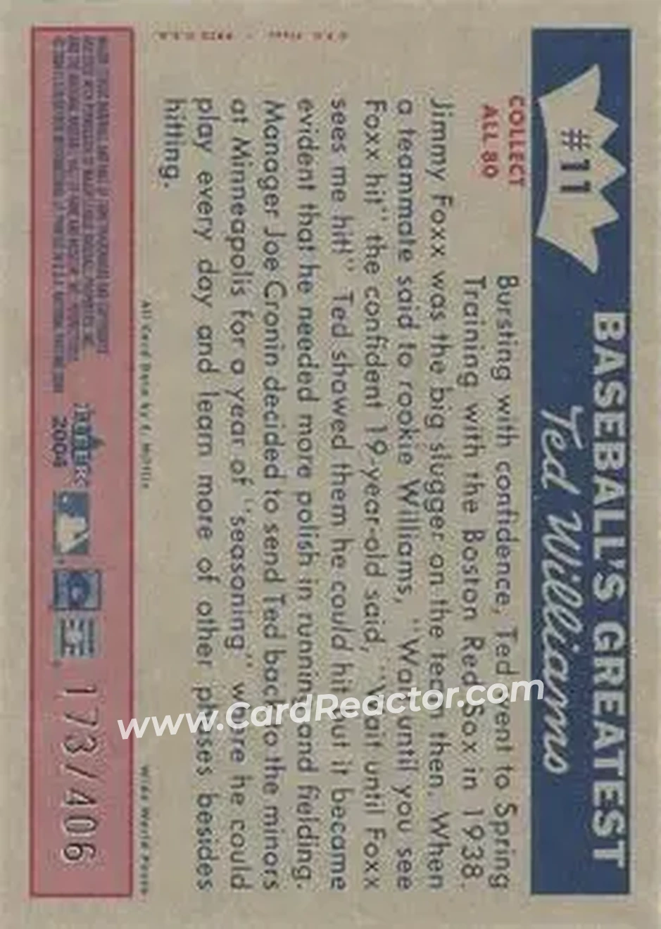 2004 Fleer National Pastime - 1959 Ted Williams Reprint #11 - Ted Williams - Boston Red Sox - Back