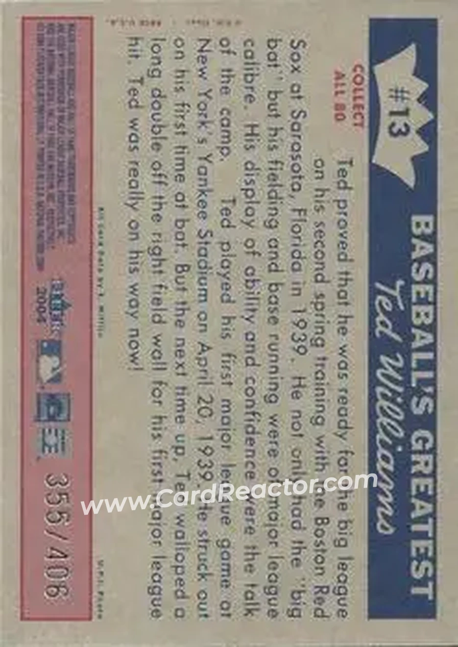 2004 Fleer National Pastime - 1959 Ted Williams Reprint #13 - Ted Williams - Boston Red Sox - Back