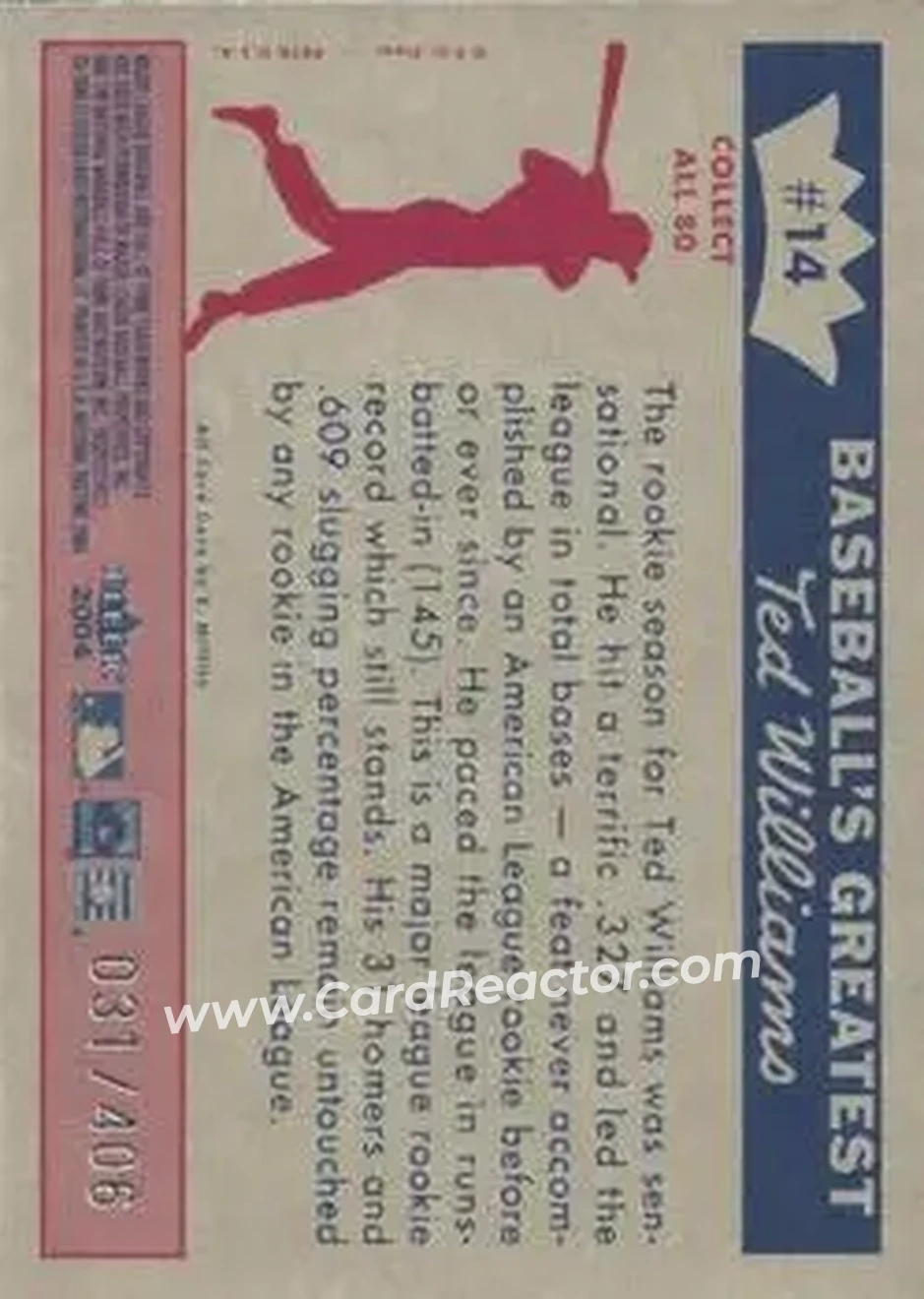 2004 Fleer National Pastime - 1959 Ted Williams Reprint #14 - Ted Williams - Boston Red Sox - Back